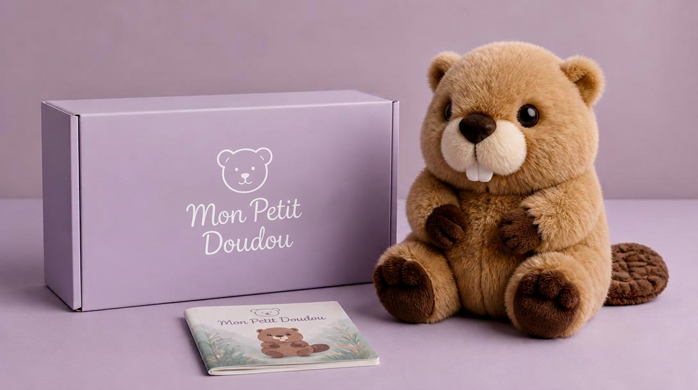 Box annuelle Mon Petit Doudou : coffret mauve avec la grosse peluche du 12e mois
