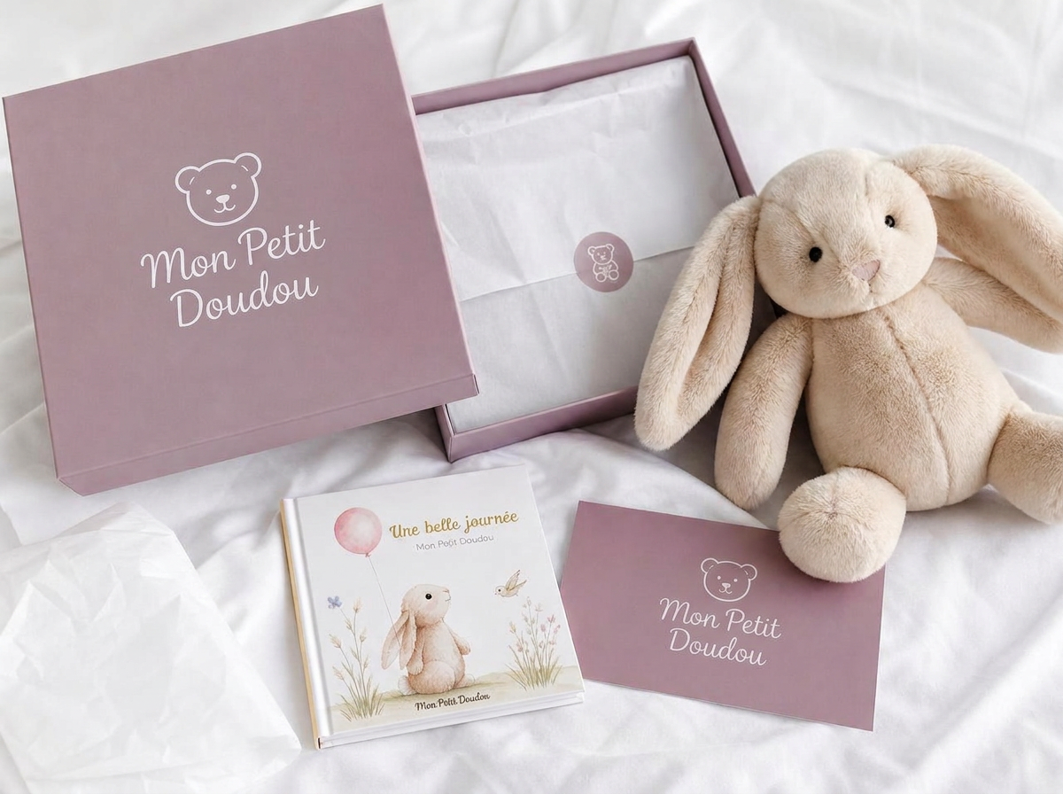 Contenu de la box : coffret au logo Mon Petit Doudou, doudou lapin, livret d'histoire et carte
